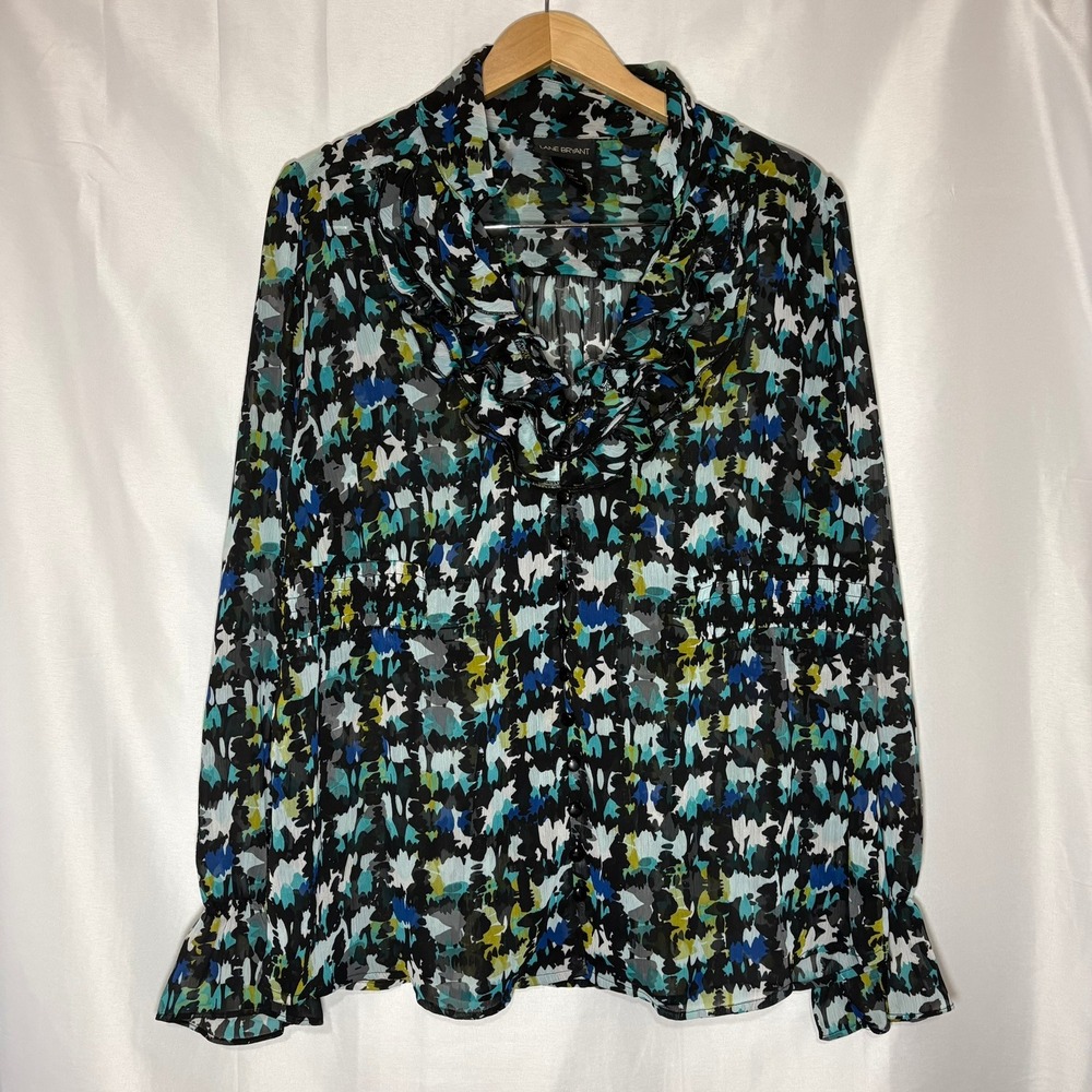 Lane Bryant‎ Womens 14/16 Abstract Ruffle V-Neck Sheer Smocked Blouse Blue Green